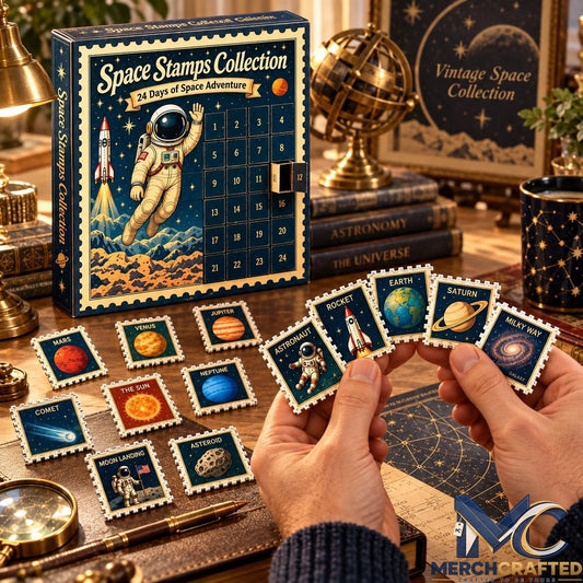 24 Days Beyond the Stars Cosmic Christmas Advent Calendar – Space Stamps Collection Collector Countdown with Acrylic Planet x Astronaut Ornaments