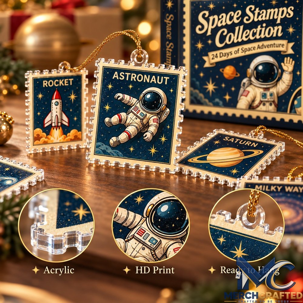 24 Days Beyond the Stars Cosmic Christmas Advent Calendar – Space Stamps Collection Collector Countdown with Acrylic Planet x Astronaut Ornaments