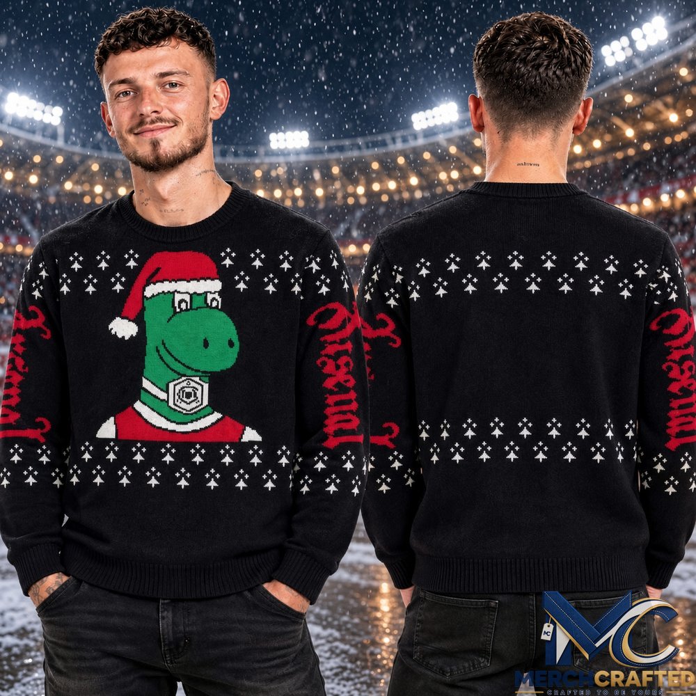 Arsenal FC Gunnersaurus Christmas Ugly Sweater Men’s Black Dinosaur Knit Jumper Holiday Football Gift