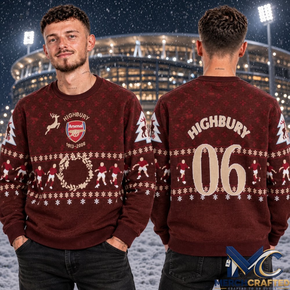 Arsenal FC Highbury Wonderland Christmas Ugly Sweater Men’s Maroon 1913-2006 Knit Jumper Holiday Football Gift