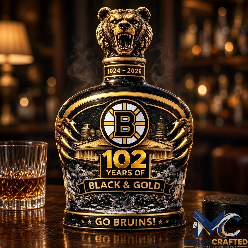 Boston Bruins 102 Years Black & Gold Whiskey Decanter 1924-2026 Bear Head Stopper