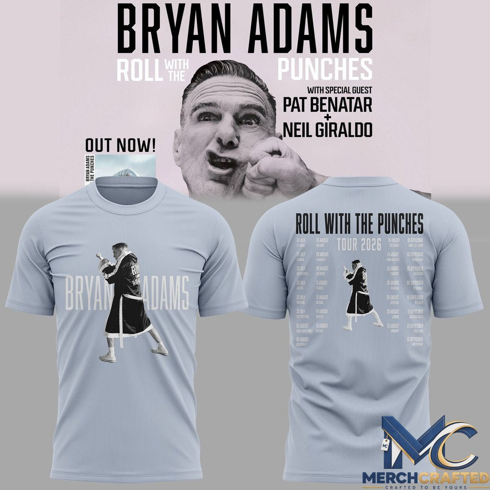 Bryan Adams Roll With The Punches Tour 2026 Tour Dates Light Blue T-Shirt