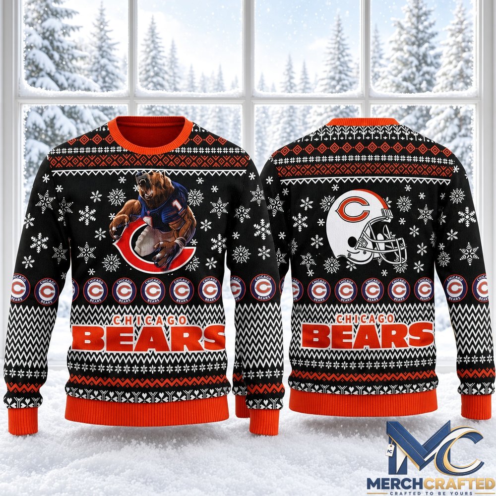 Chicago Bears Winter Wonderland Mascot Helmet Ugly Sweater 2026 Navy Orange Holiday Knit for Football Fans