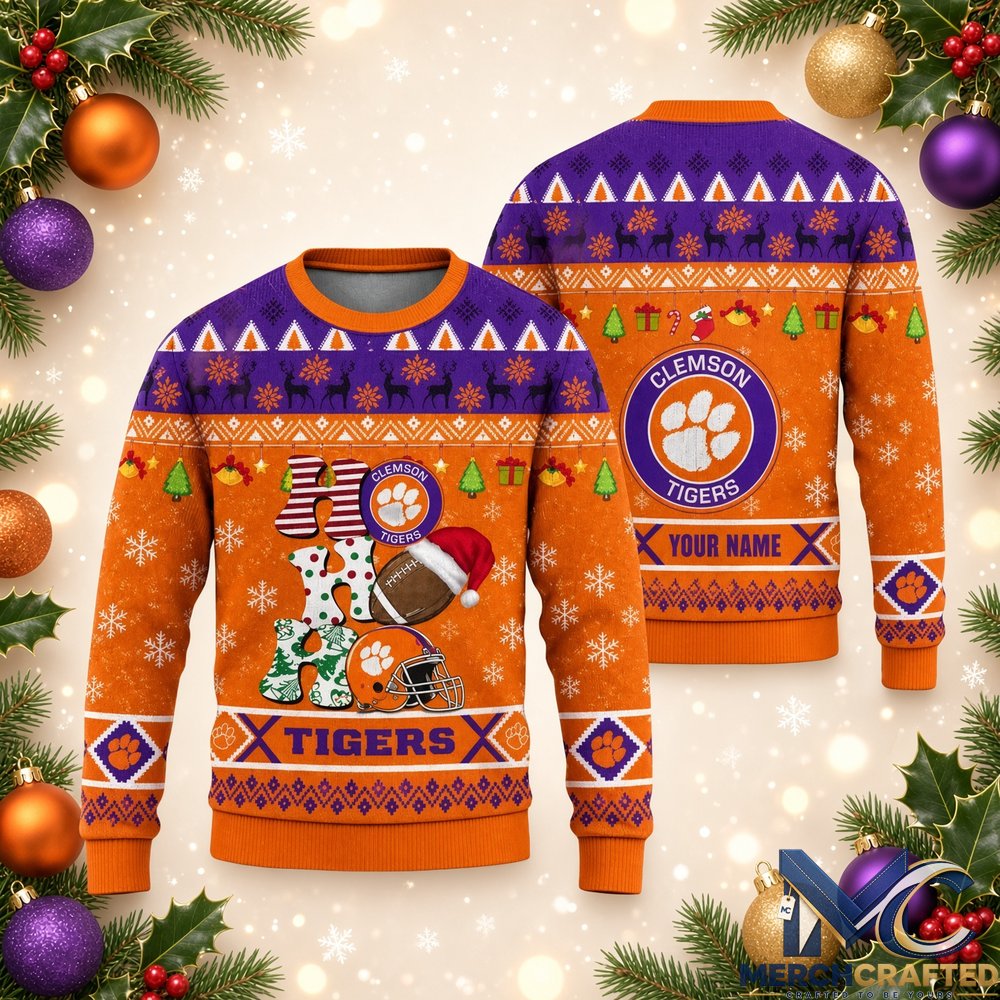Clemson Tigers Ugly Christmas Sweater Ho Ho Ho 2026 Custom Name Holiday Knit Pullover Unisex