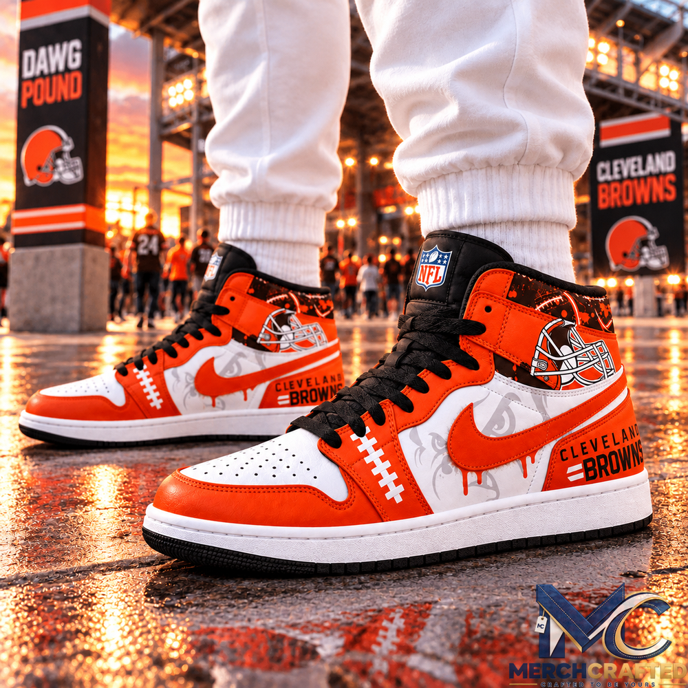 Cleveland Browns Football High Top Shoes Orange White Fan Sneakers