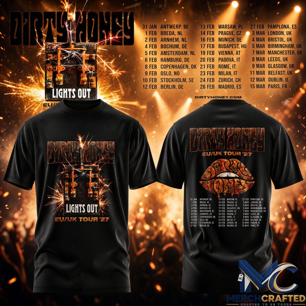 Dirty Honey EU UK Tour 2027 Merch T-Shirt Lights Out Black Rock Band Fan Tee
