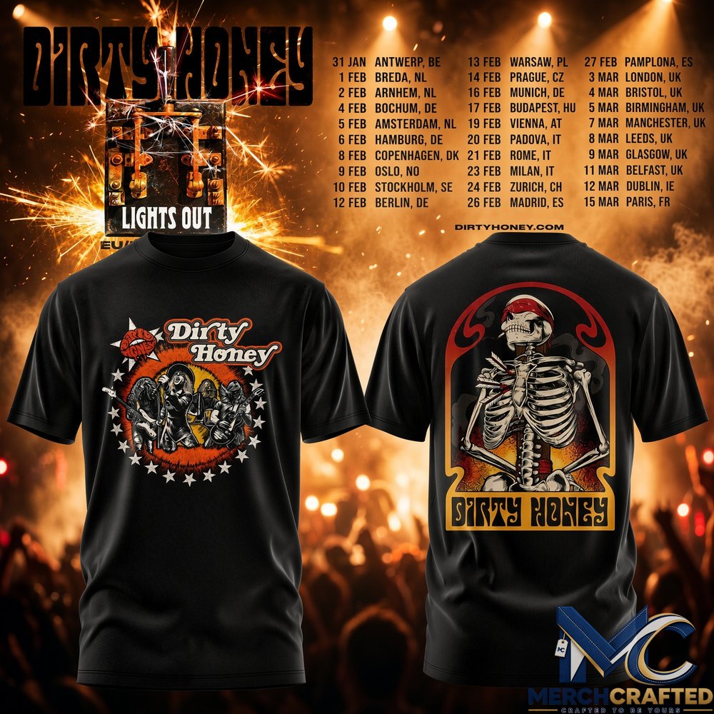 Dirty Honey EU UK Tour 2027 Special Edition T-Shirt Lights Out Black Rock Band Tee