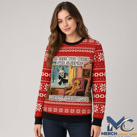 He Sees You When You're Sleeping Ugly Christmas Sweater Horror Holiday Knit