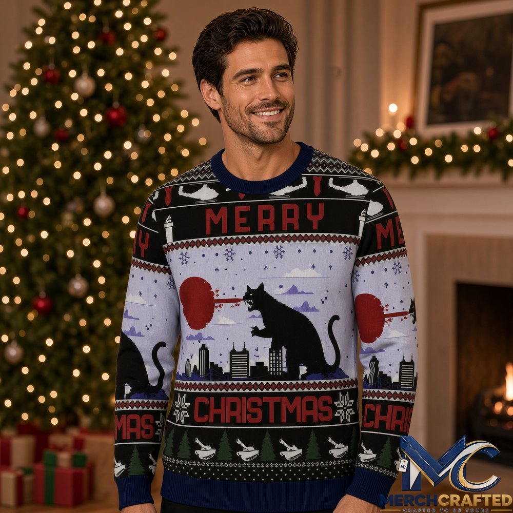 Howling Black Cat Christmas Ugly Sweater β Funny Laser Cat Knit Holiday Pullover