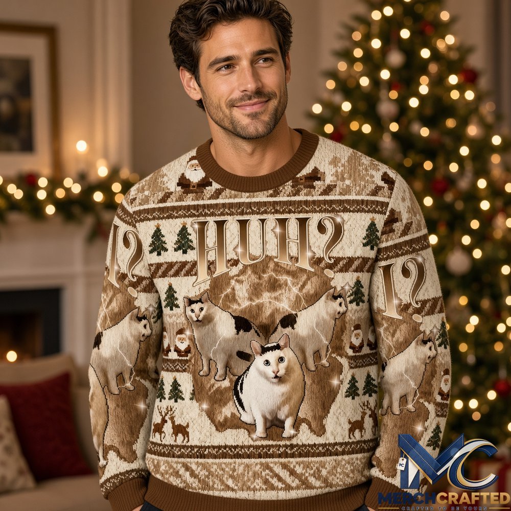 Huh Cat Christmas Ugly Sweater β Funny Chonky Confused Cat Knit Holiday Pullover
