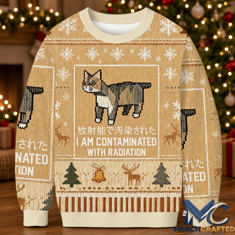 I Am Contaminated With Radiation Christmas Ugly Sweater – Funny Cat Meme Knit Holiday Pullover