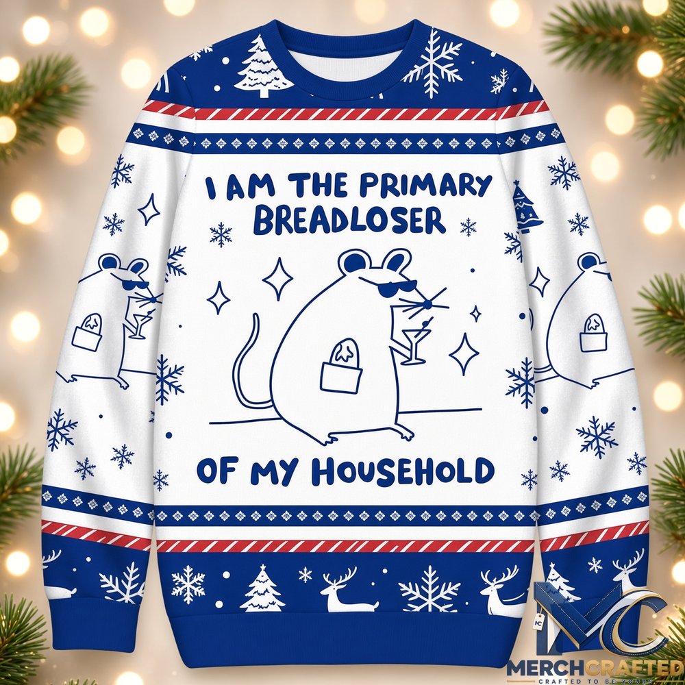 I Am The Primary Breadloser Of My Household Ugly Christmas Sweater, Funny Rat Cocktail Holiday Knit Pullover