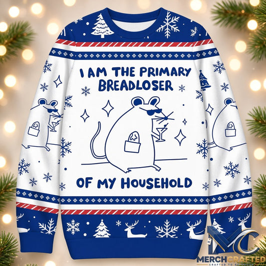 I Am The Primary Breadloser Of My Household Ugly Christmas Sweater, Funny Rat Cocktail Holiday Knit Pullover