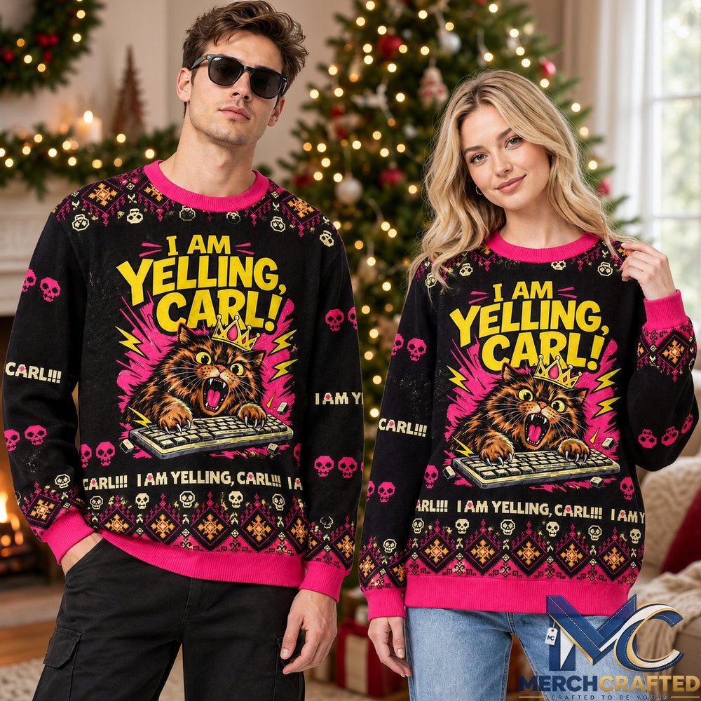 I Am Yelling Carl Cat Christmas 2026 Ugly Sweater, Funny Keyboard Cat Holiday Knit Pullover