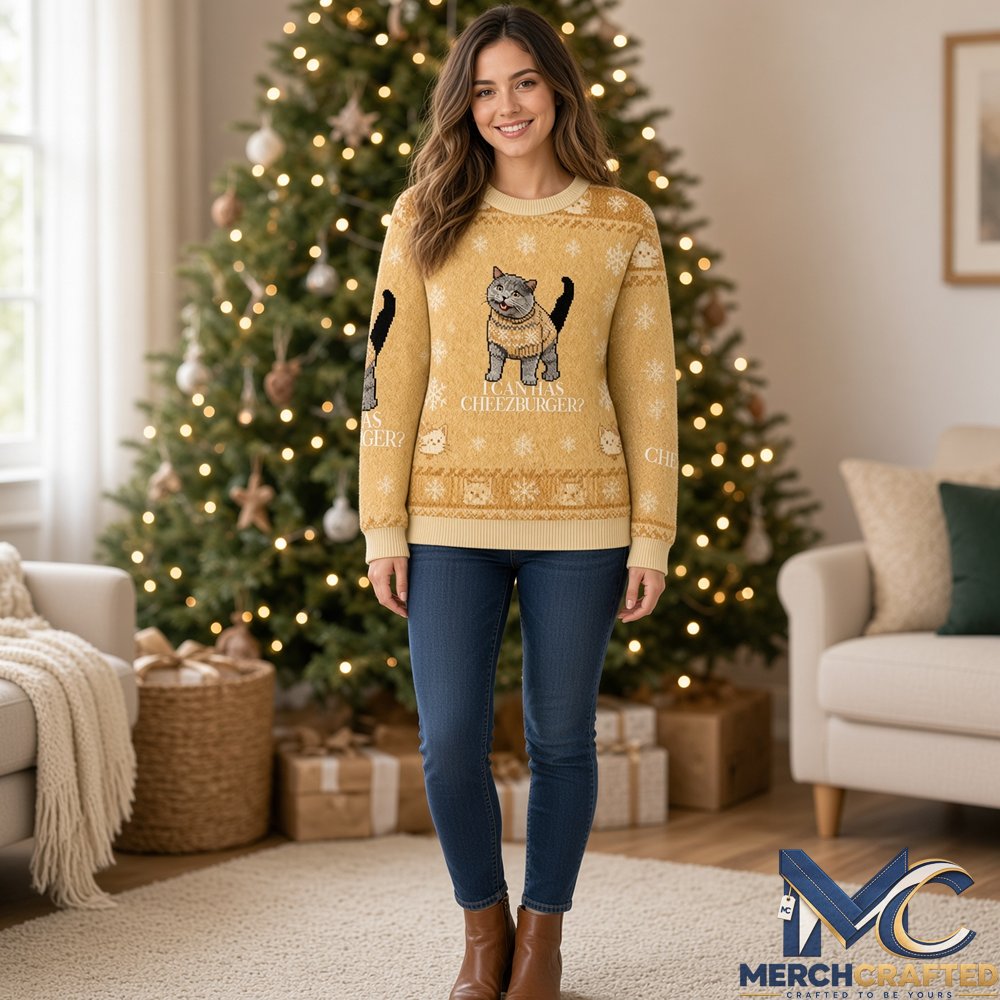 I Can Has Cheezburger Ugly Christmas Sweater, Funny Cat Meme Holiday Knit Pullover