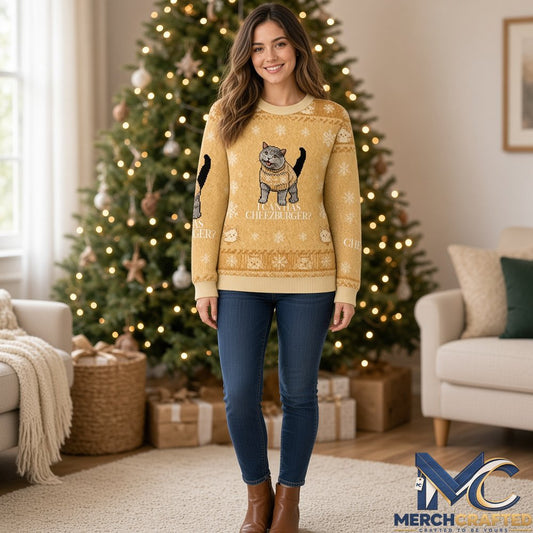 I Can Has Cheezburger Ugly Christmas Sweater, Funny Cat Meme Holiday Knit Pullover