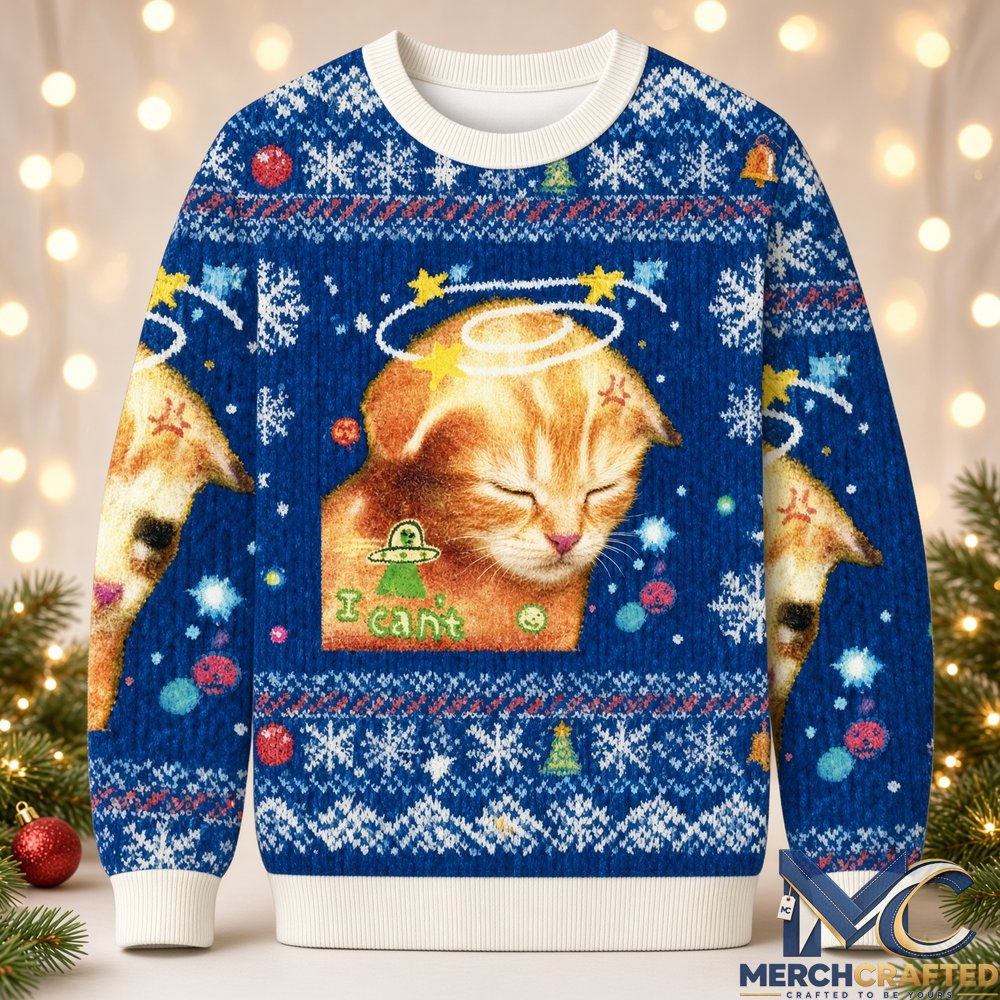 I Can't Sad Cat Christmas Ugly Sweater, Funny Alien Cat Holiday Knit Pullover