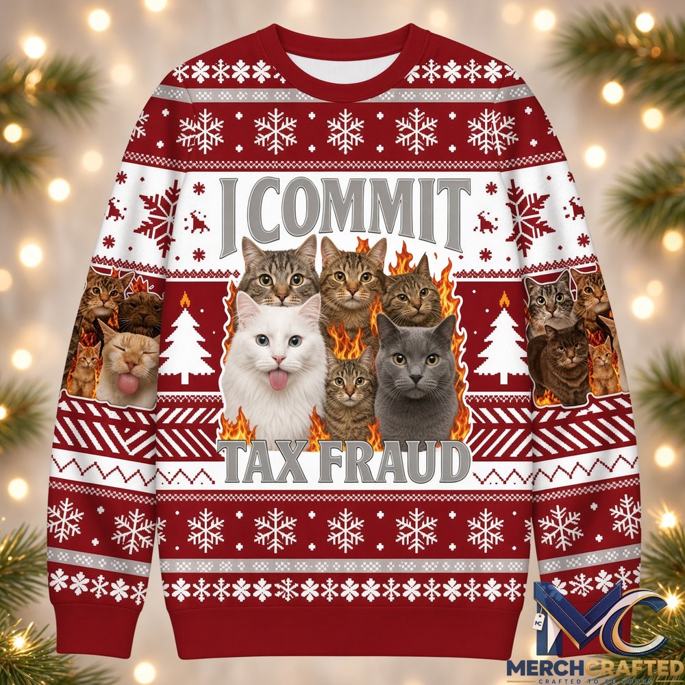 I Commit Tax Fraud Ugly Christmas Sweater, Funny Cat Holiday Knit Pullover