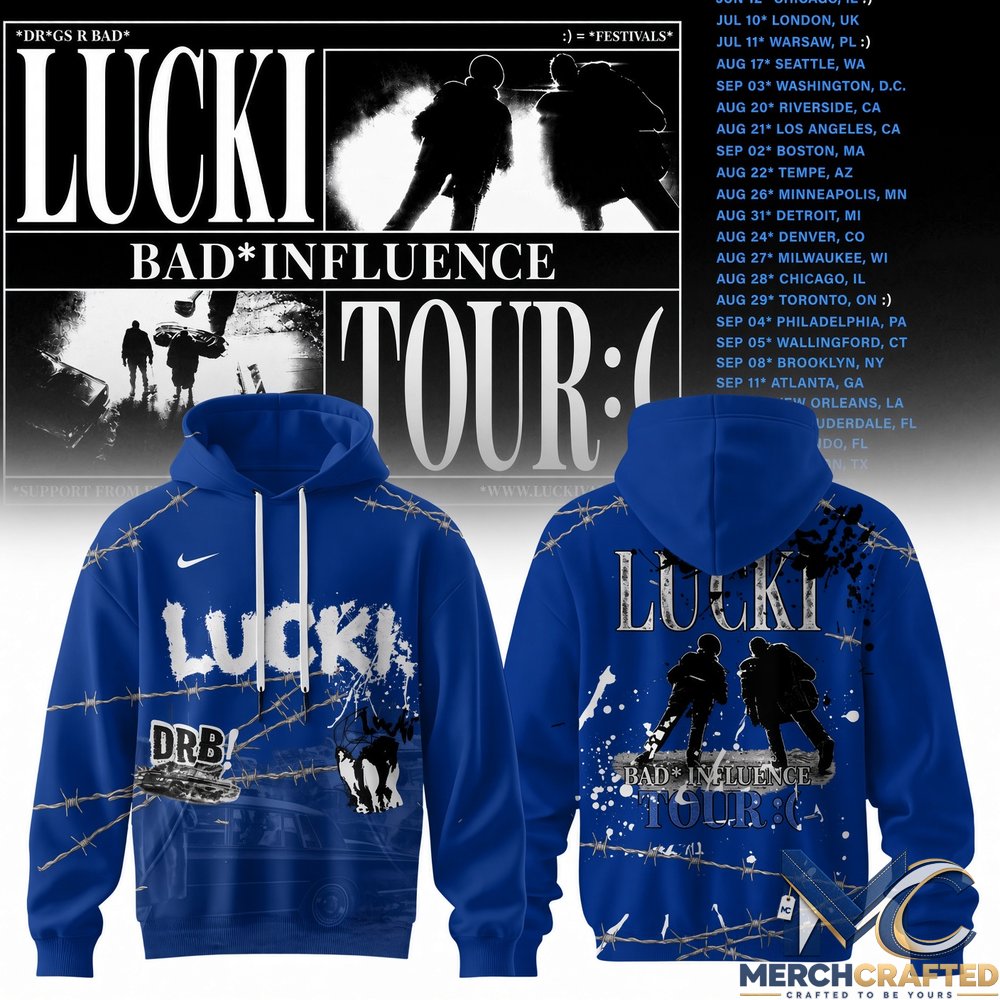 Lucki Bad Influence Tour 2026 Deep Blue Barbed Hoodie
