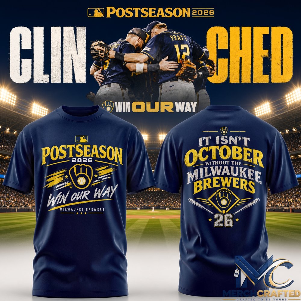 Milwaukee Brewers Postseason 2026 Win Our Way Navy T-Shirt Clinched