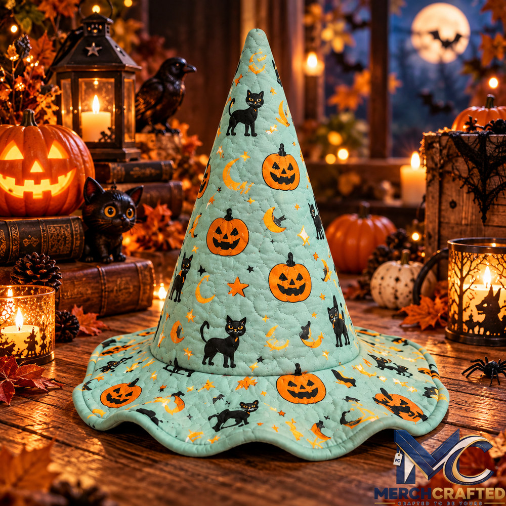 Mint Green Black Cat Pumpkin Halloween Quilted Witch Hat Costume Accessory
