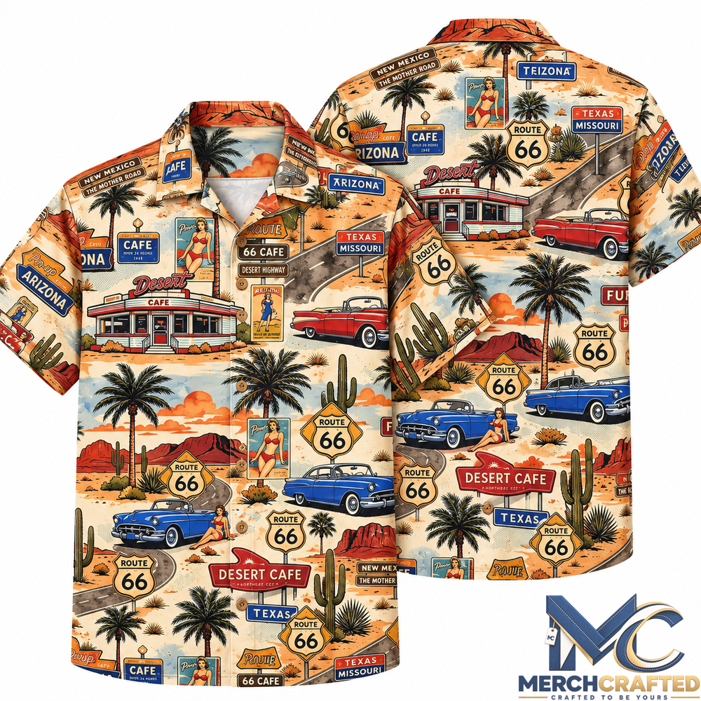 Route 66 Desert Highway Vintage Hawaiian Shirt Classic Car Road Trip Aloha Shirt