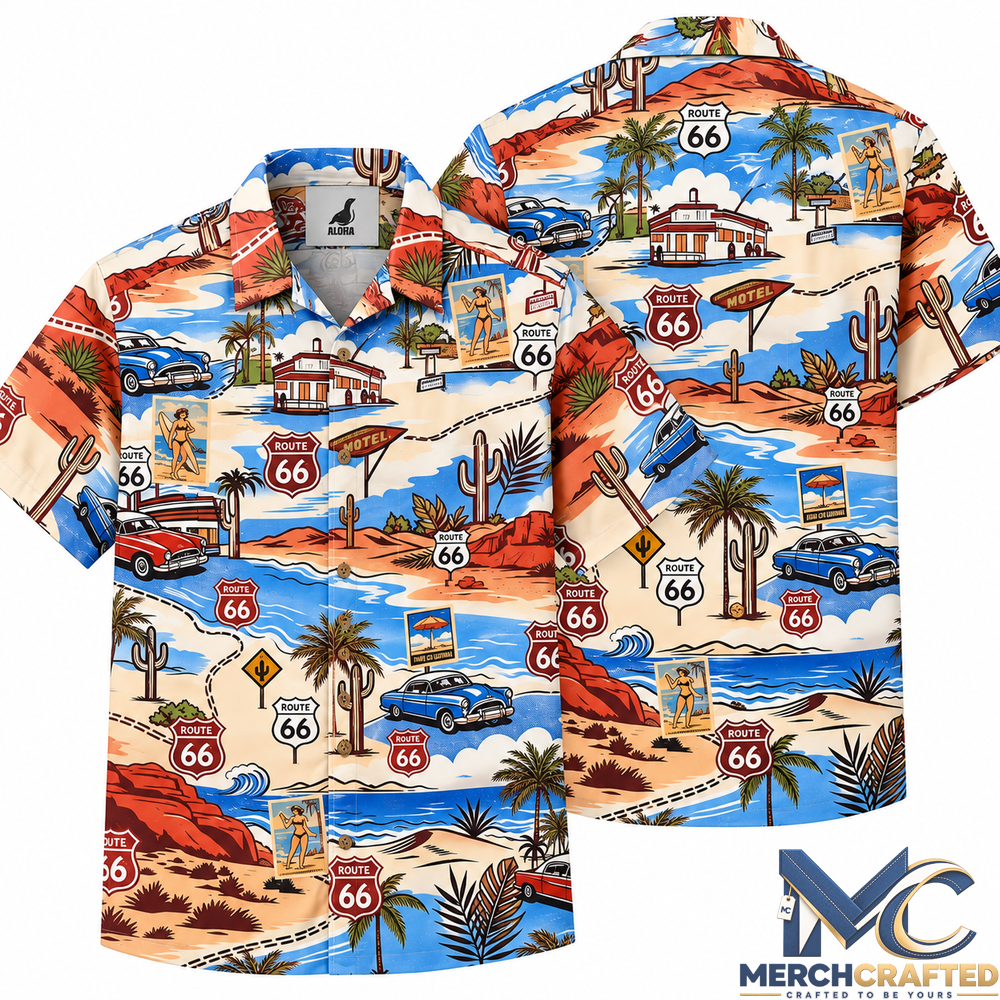 Route 66 Vintage Hawaiian Shirt American Road Trip Classic Car Aloha Shirt