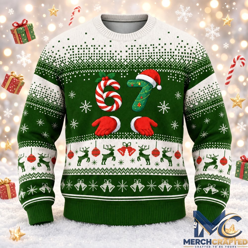 Six Seven Christmas 2026 Ugly Sweater Green White Knit Pullover