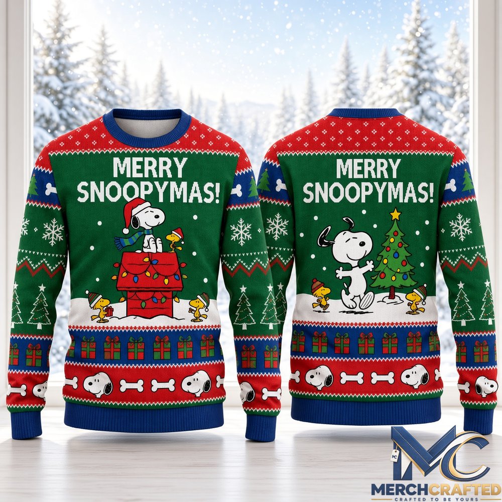 Snoopy Merry Snoopymas Green Ugly Christmas Sweater Peanuts Holiday Knit for Snoopy Fans