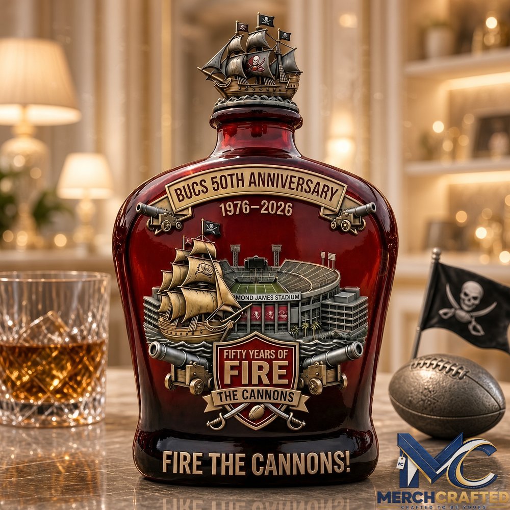 Tampa Bay Buccaneers 50th Anniversary Whiskey Decanter 1976-2026 Fire the Cannons