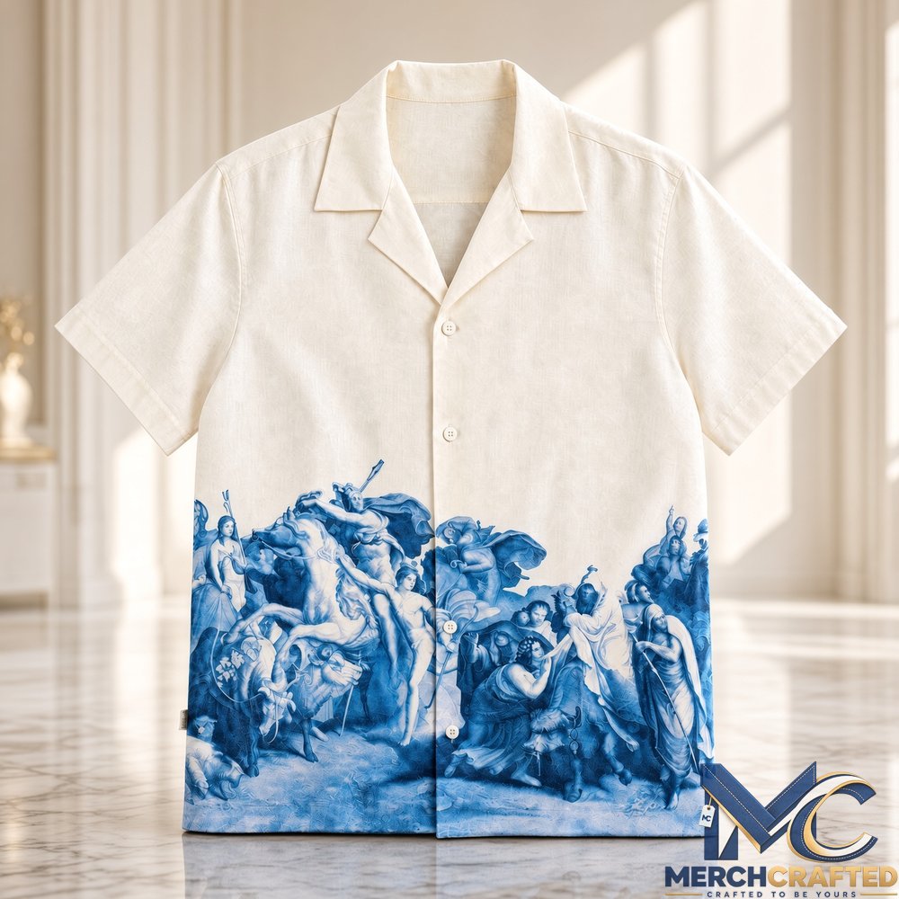 Tom Hardy Vintage Renaissance Blue Toile Hawaiian Shirt Classic Art Print Camp Collar Button-Up