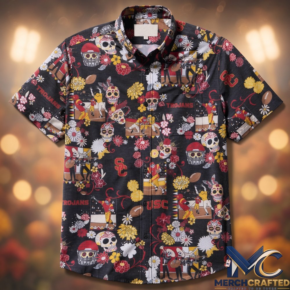 University of Southern California Día de los Muertos Performance 2026 Hawaiian Shirt Sugar Skull Football Print for College Fans