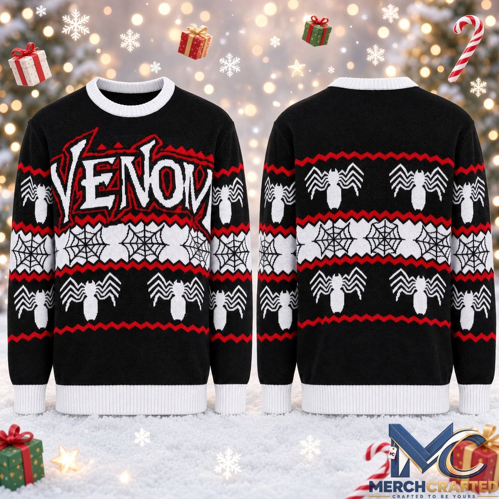 Venom Spider Web Ugly Christmas Sweater Mens Black Holiday Knit Pullover