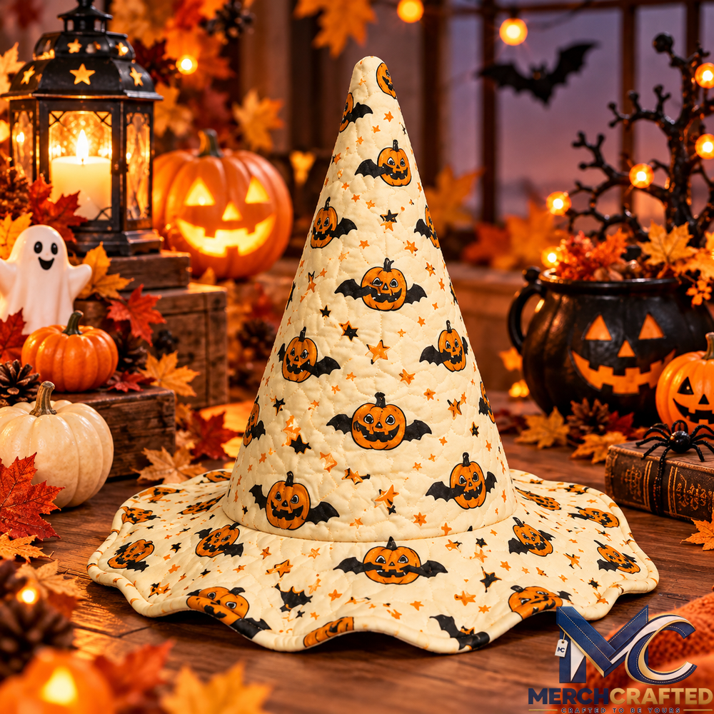 Vintage Pumpkin Bat Halloween Quilted Witch Hat