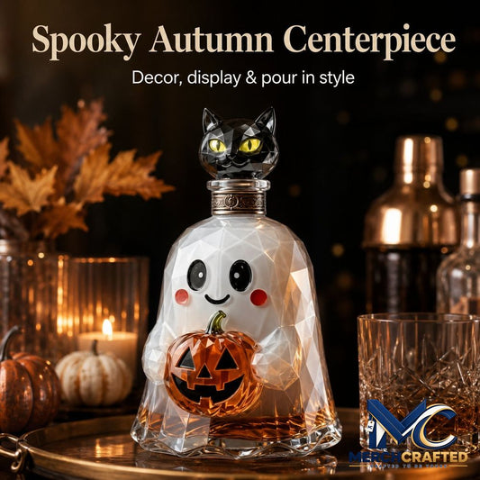 Ghost Pumpkin Halloween Spooky Glass Whiskey Liquor Whiskey Bottle - Merch Crafted