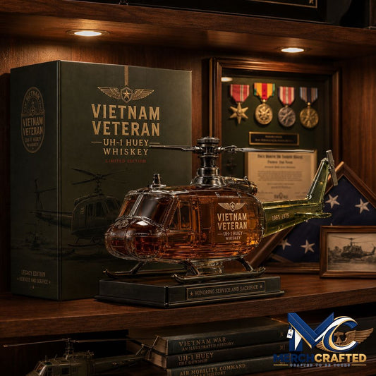 Vietnam Veteran UH 1 Huey Helicopter 1965 1975 Whiskey Bottle - Merch Crafted