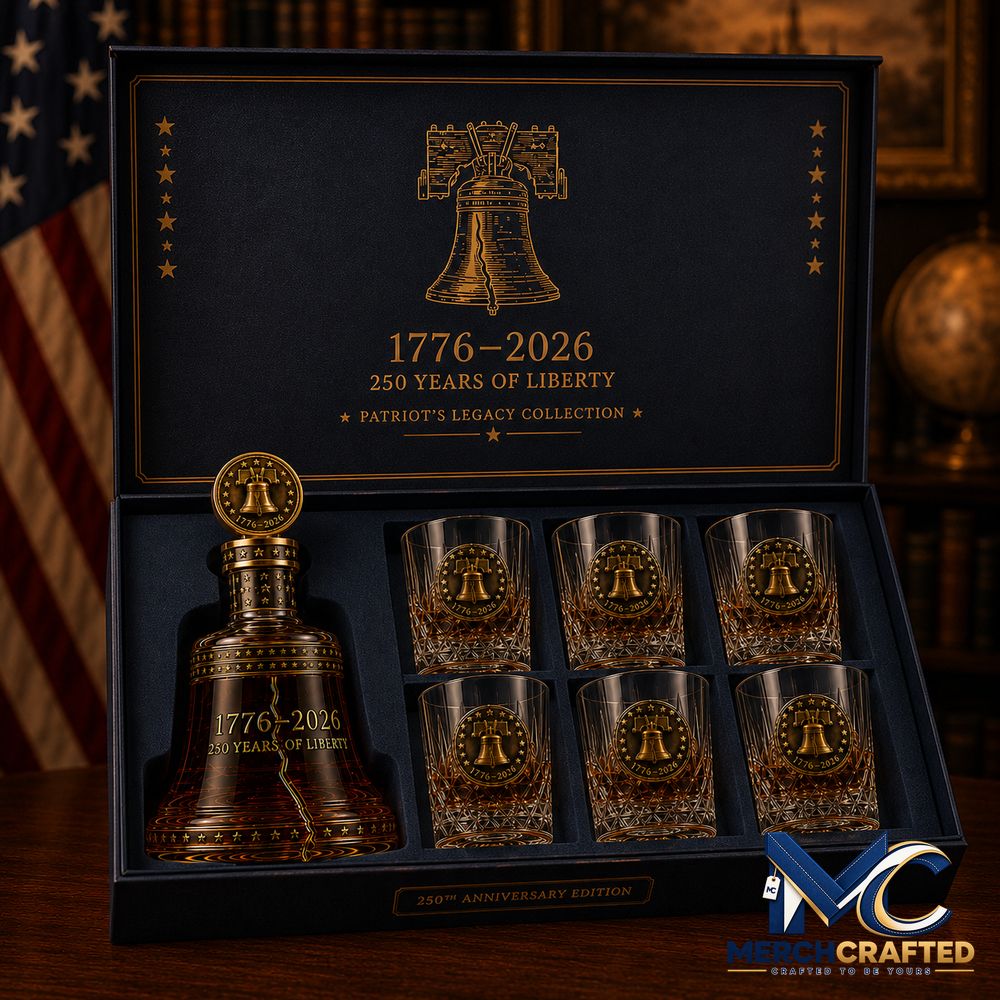 1776 2026 Patriot Liberty Bell Set 250th Anniversary Collector s Gift with Matching Glass Whiskey Bottle - Merch Crafted