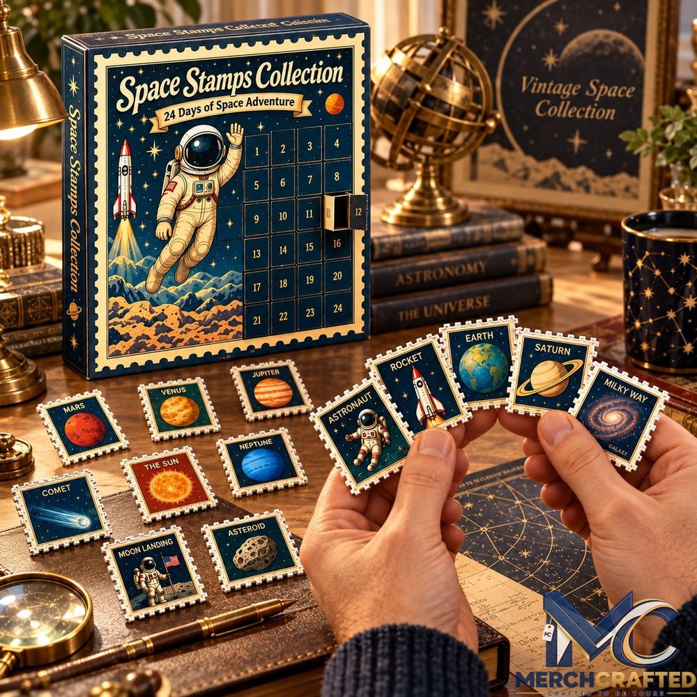 24 Days Beyond the Stars Cosmic Christmas Advent Calendar – Space Stamps Collection Collector Countdown with Acrylic Planet x Astronaut Ornaments