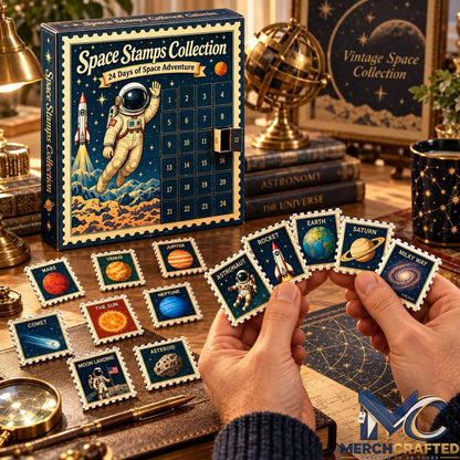 24 Days Beyond the Stars Cosmic Christmas Advent Calendar – Space Stamps Collection Collector Countdown with Acrylic Planet x Astronaut Ornaments