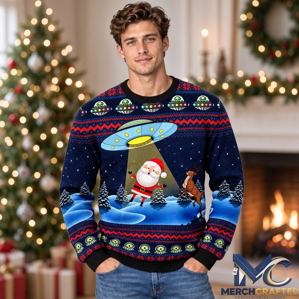 Alien Funny Christmas 2026 Ugly Sweater for Alien Fans  Santa UFO Abduction Holiday Knit Sweater
