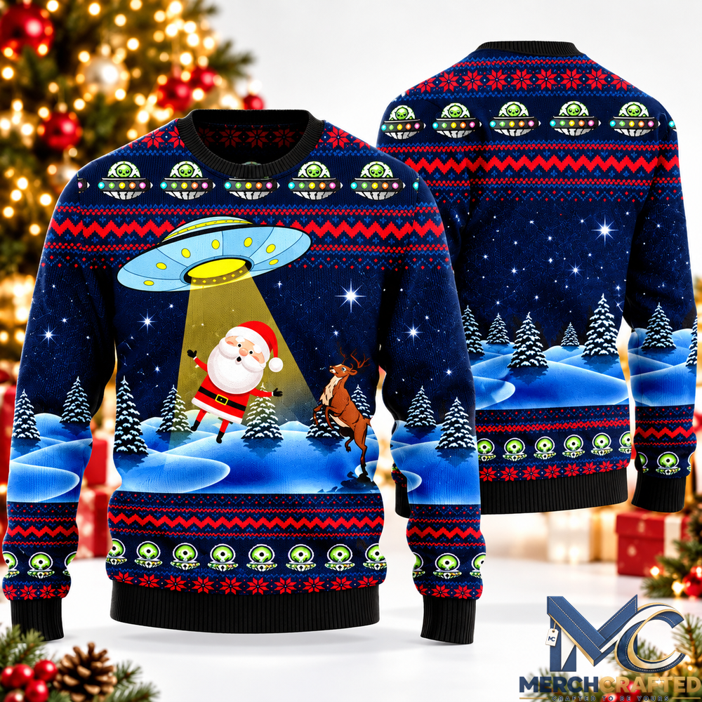 Alien UFO Santa Christmas Ugly Sweater Funny Holiday Sweater for Men and Women