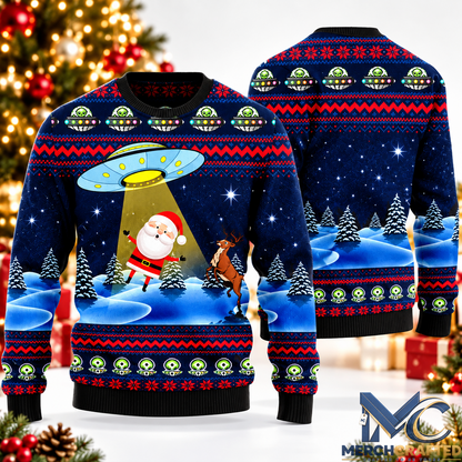 Alien UFO Santa Christmas Ugly Sweater Funny Holiday Sweater for Men and Women