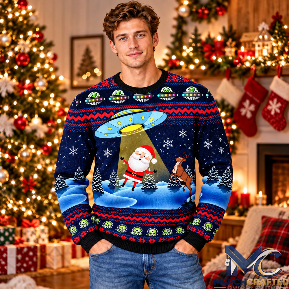 Alien UFO Santa Christmas Ugly Sweater Funny Holiday Sweater for Men and Women