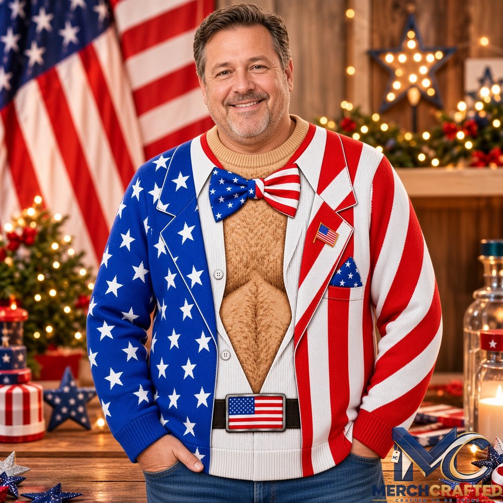 American Flag Hairy Chest Tuxedo Ugly Christmas Sweater