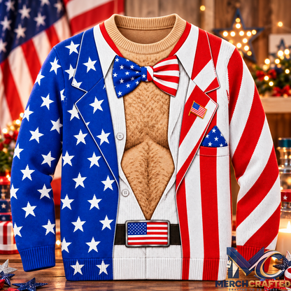 American Flag Hairy Chest Tuxedo Ugly Christmas Sweater