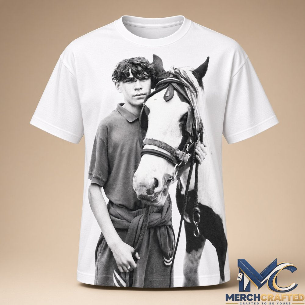 Aran Murphy Inspired Boy and Horse Graphic T-Shirt, Black and White Pony Kid Portrait Tee, Unisex Cotton Streetwear Shirt