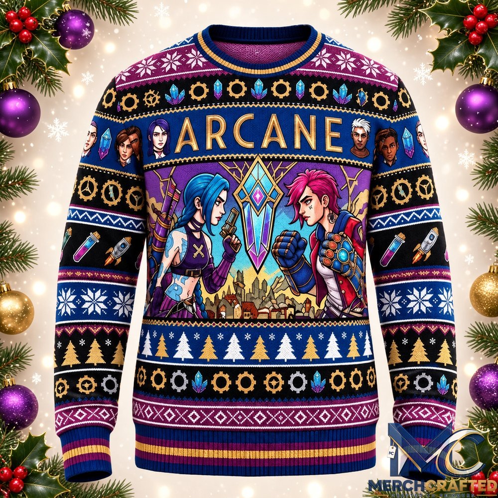 Arcane Ugly Christmas Sweater Jinx and Vi League of Legends Holiday Knit Pullover Unisex