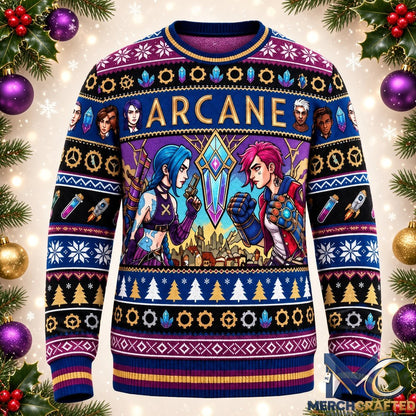 Arcane Ugly Christmas Sweater Jinx and Vi League of Legends Holiday Knit Pullover Unisex