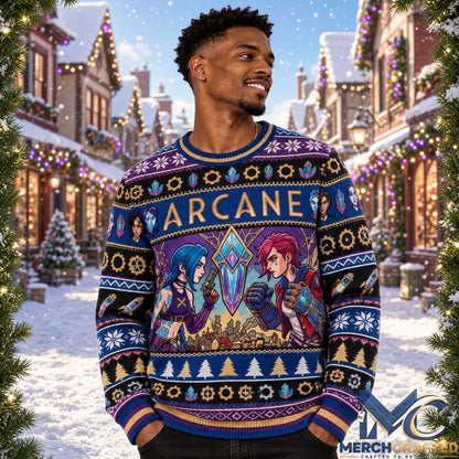 Arcane Ugly Christmas Sweater Jinx and Vi League of Legends Holiday Knit Pullover Unisex