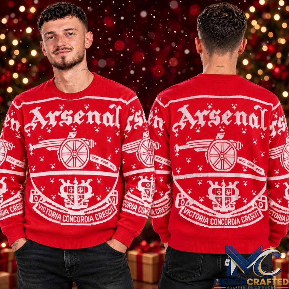 Arsenal FC Highbury Crest Christmas Ugly Sweater Men’s Red Cannon Knit Jumper Holiday Football Gift